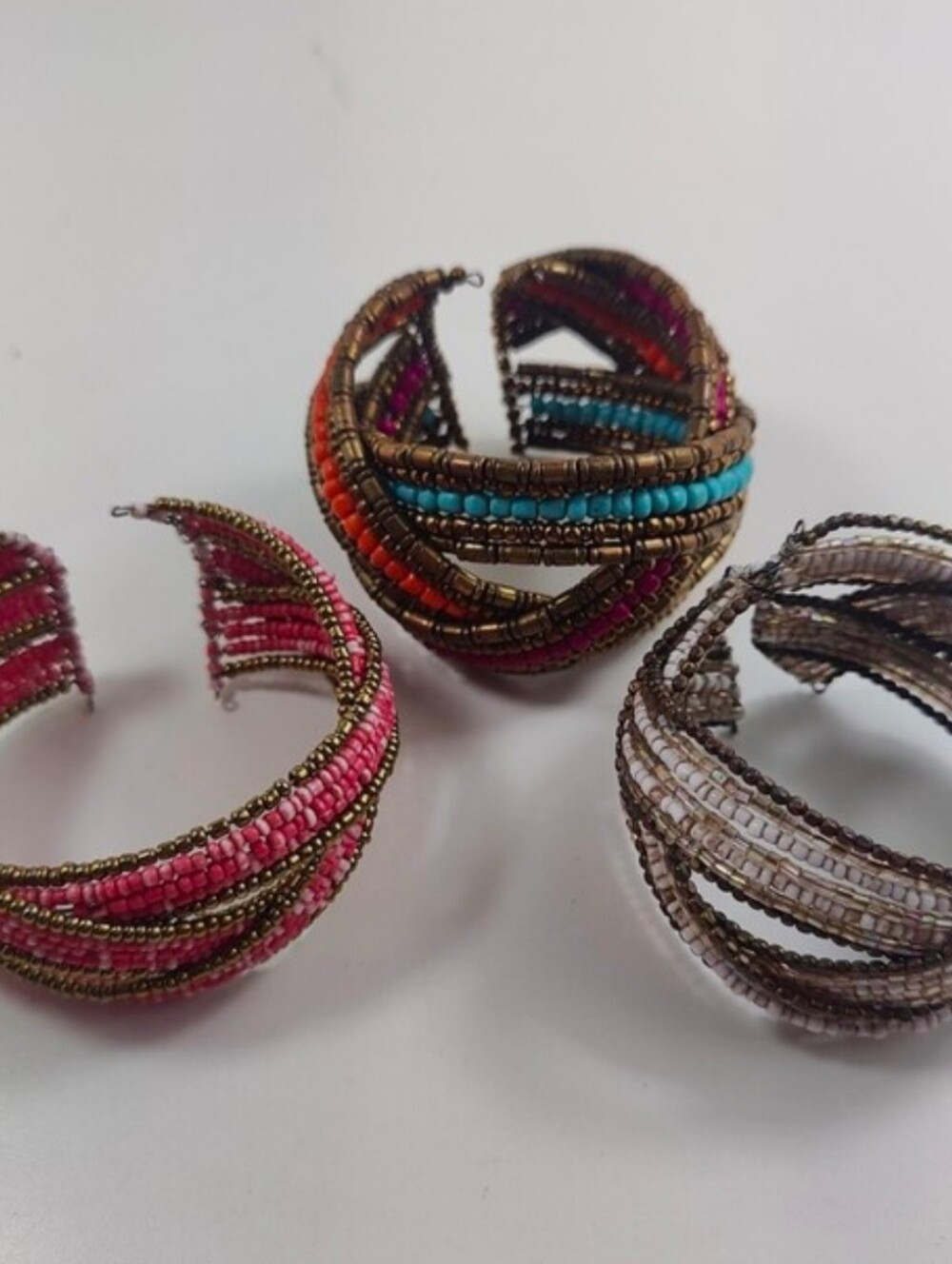 Boho Seed Bead Memory Wire Bracelet Trio Set Pink Ivory Bronze Multi-strand